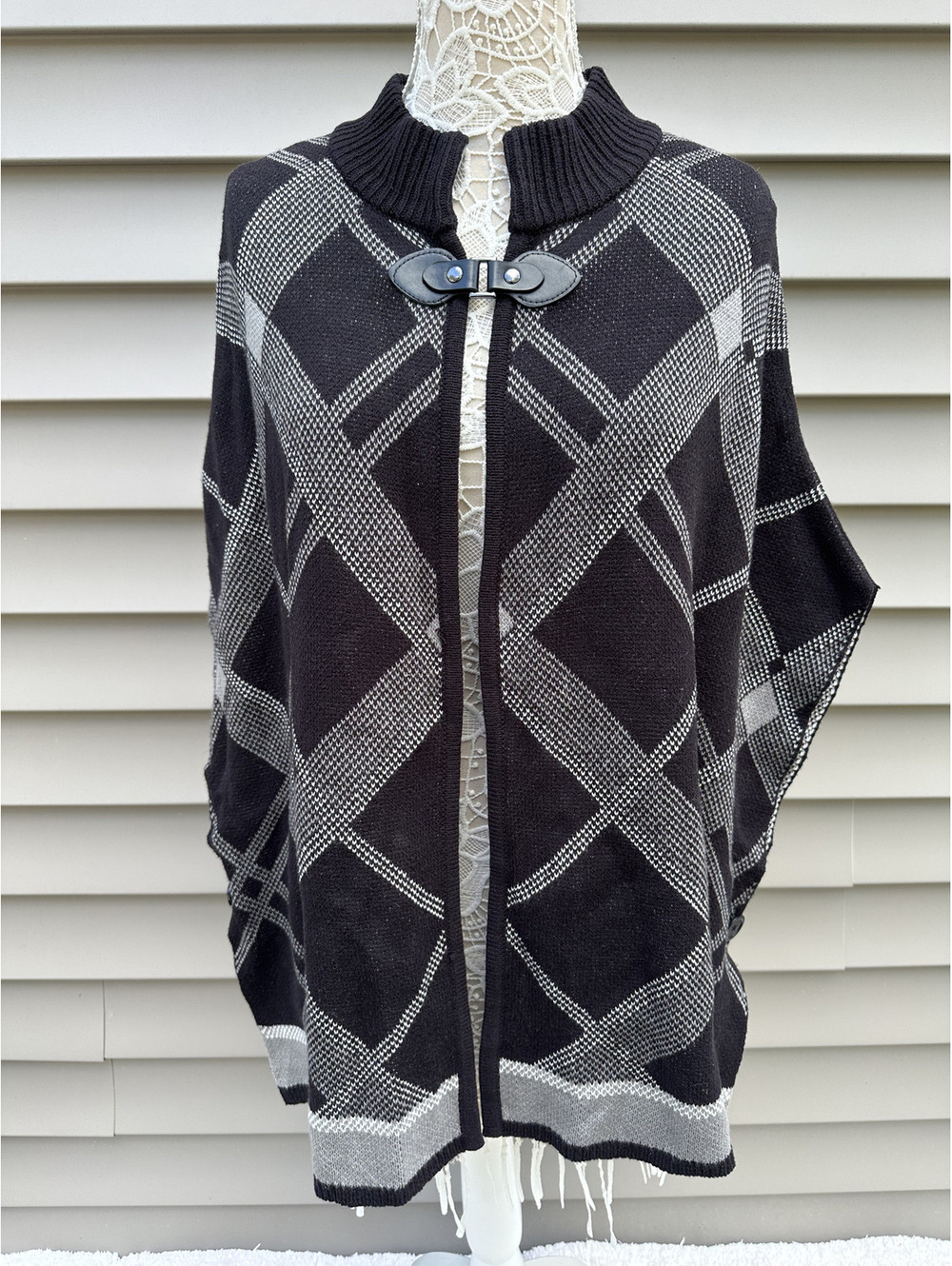 Croft & Barrow Black and Gray Plaid Poncho Cape Sweater with Faux Leather Toggle